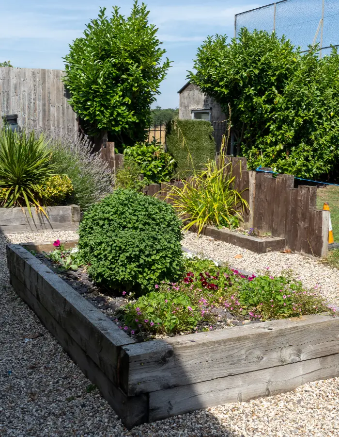 A wooden flower bed, with green shrubs.