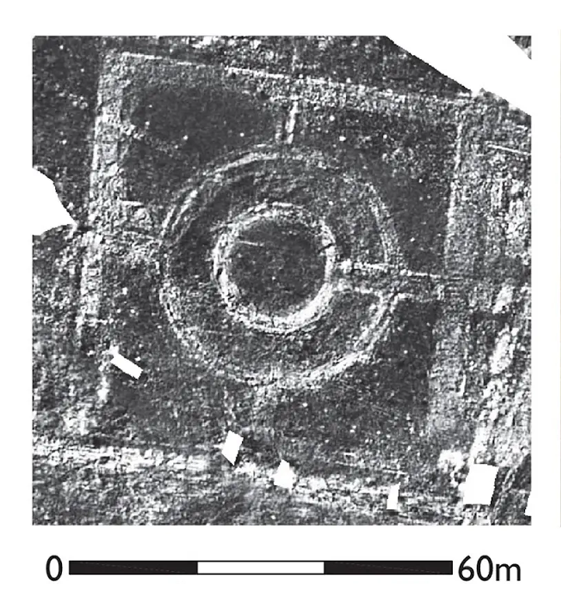 black and white image of historic remains from above.