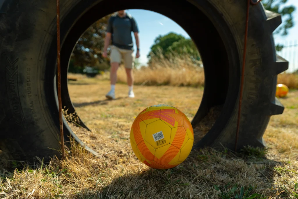 Football on the grass on a footgolf course