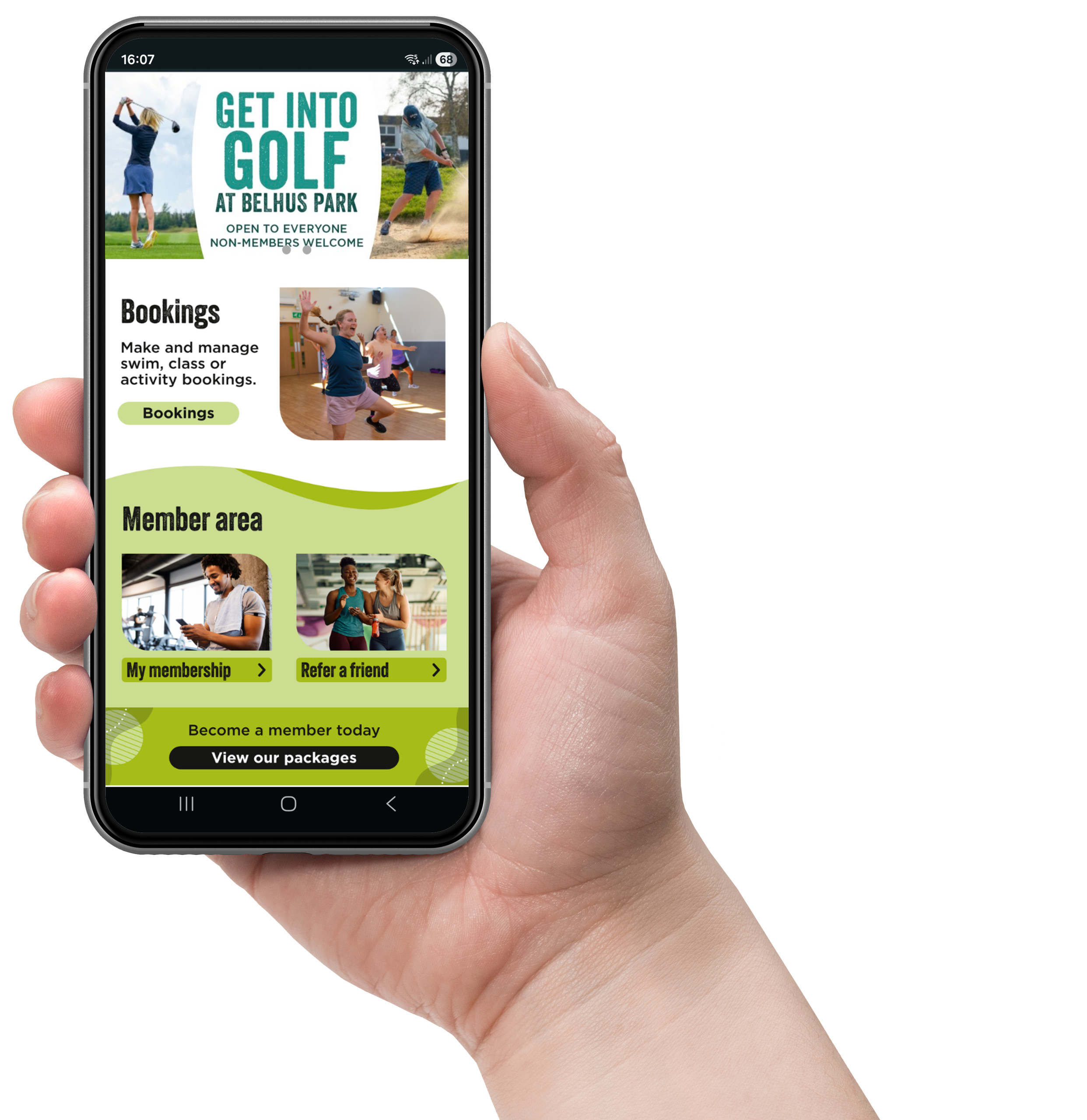 hand holding a phone, displaying the Impulse Leisure App